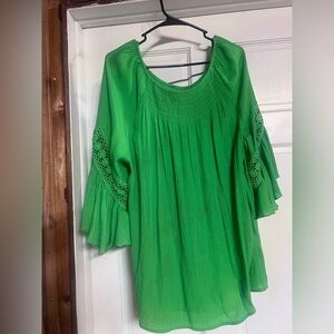 Vibrant Green Blouse with Lace  Trumpet Sleeves